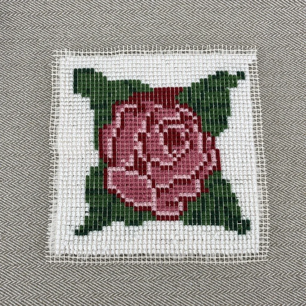 Vintage Finished Latch Hook Rose Flower Mid Century MCM 14 x 14 Pillow or Frame